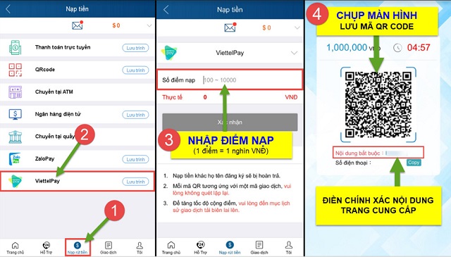 Nạp tiền qua hình thức Viettel pay